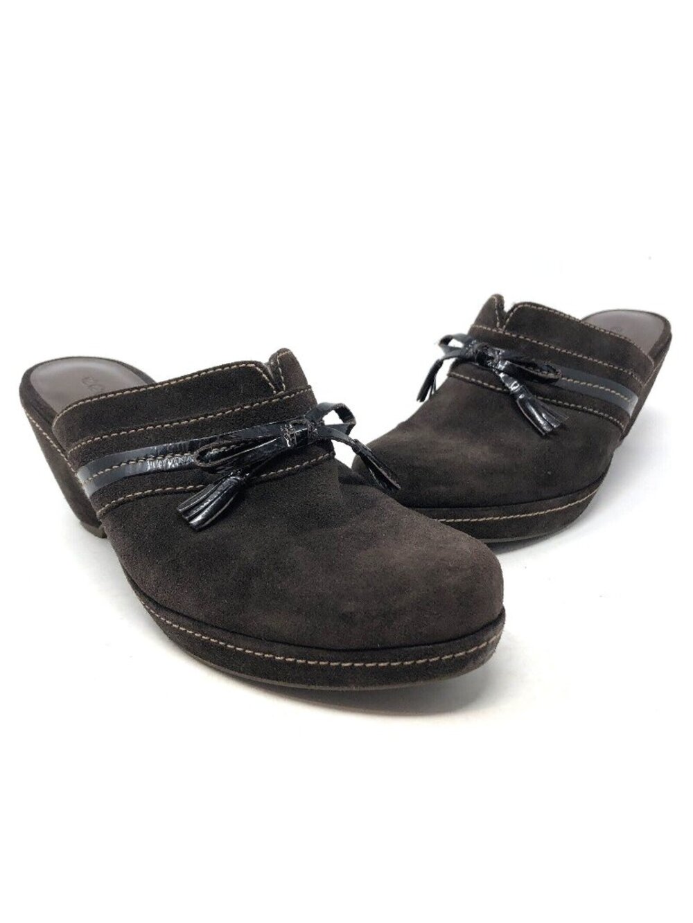 ECCO Shoes Women 40 Brown Nubuck Leather Tasseled Bow Mule Clog Heel Slip Ons